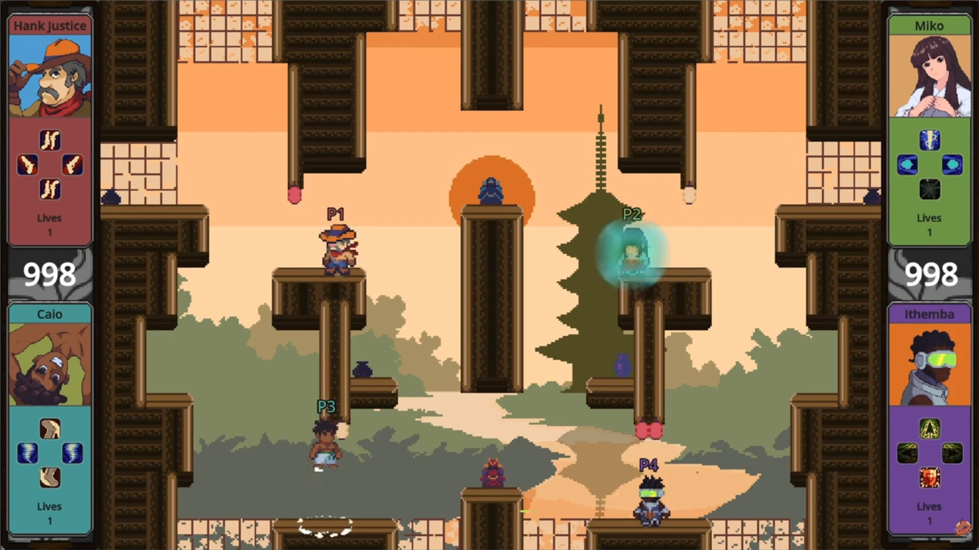 Four players compete in a MythClash match in a Japan-inspired platform arena, with character HUD panels on both sides.